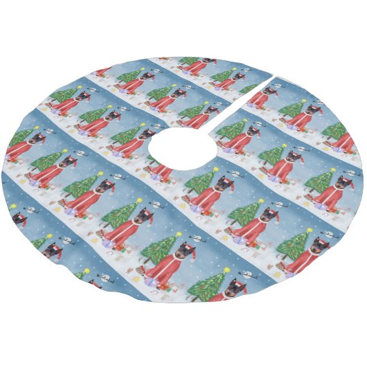 Miniatuur Pinsch Dog in sneeuw met kerstcadeaus Kerstboom Rok (Gekanteld)