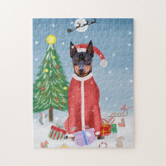 Miniatuur Pinsch Dog in sneeuw met kerstcadeaus Legpuzzel (Verticaal)