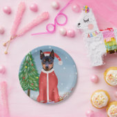 Miniatuur Pinsch Dog in sneeuw met kerstcadeaus Papieren Bordje (Feest)