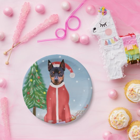Miniatuur Pinsch Dog in sneeuw met kerstcadeaus Papieren Bordje (Feest)