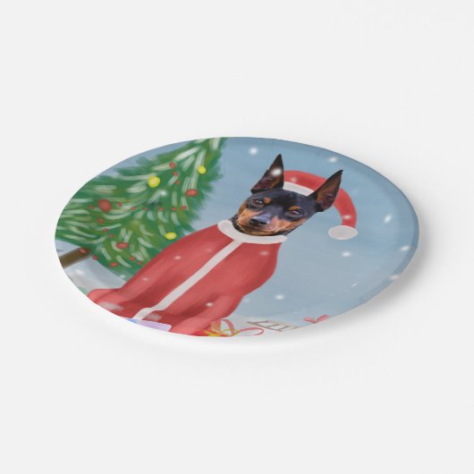 Miniatuur Pinsch Dog in sneeuw met kerstcadeaus Papieren Bordje (Gekanteld)