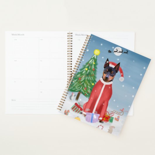 Miniatuur Pinsch Dog in sneeuw met kerstcadeaus Planner (Display)