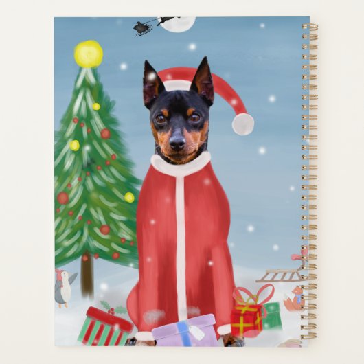 Miniatuur Pinsch Dog in sneeuw met kerstcadeaus Planner (Achterkant)