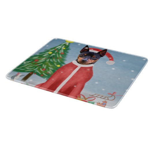 Miniatuur Pinsch Dog in sneeuw met kerstcadeaus Snijplank (Hoek)