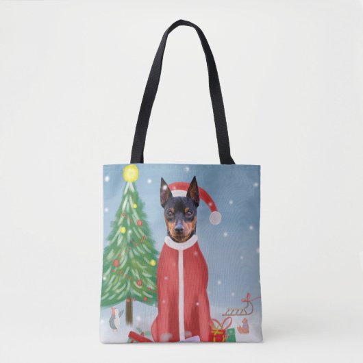 Miniatuur Pinsch Dog in sneeuw met kerstcadeaus Tote Bag (Voorkant)