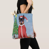 Miniatuur Pinsch Dog in sneeuw met kerstcadeaus Tote Bag (Dichtbij)