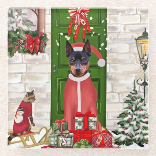 Miniatuur Pinscher Dog Kerstmis Glazen Onderzetter (Voorkant)