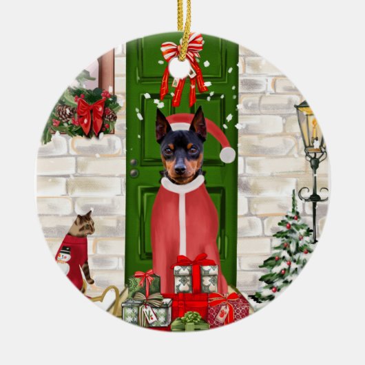 Miniatuur Pinscher Dog Kerstmis Keramisch Ornament (Voorkant)