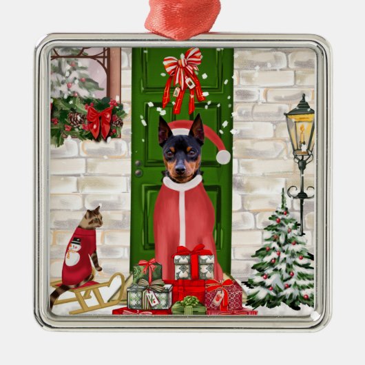 Miniatuur Pinscher Dog Kerstmis Metalen Ornament (Voorkant)