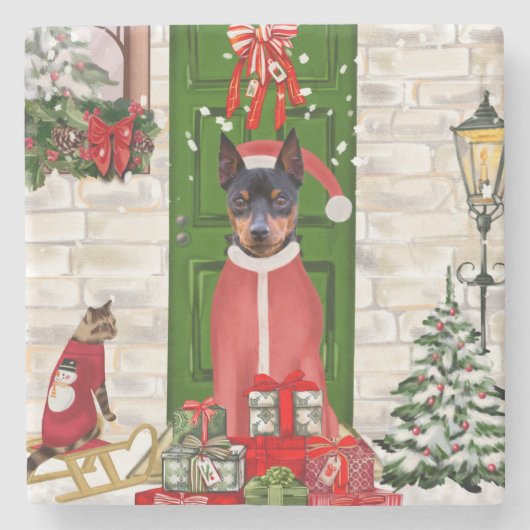 Miniatuur Pinscher Dog Kerstmis Stenen Onderzetter (Voorkant)