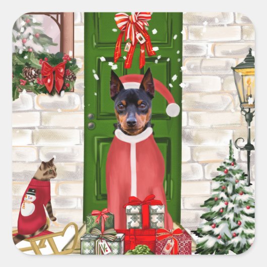 Miniatuur Pinscher Dog Kerstmis Vierkante Sticker (Voorkant)