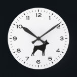 Miniatuur Pinscher Dog Silhouette MinPin Ronde Klok<br><div class="desc">Een leuke miniatuur Pinscher wandklok voor thuis of kantoor. Maakt een oorspronkelijk cadeau voor MinPin-liefhebbers. Kijk naar Jenn's Doodle World voor nog meer decoratieve klokken en hondenras met het thema home decor.</div>