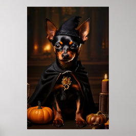 Miniatuur Pinscher hond in een Halloween-feest Poster