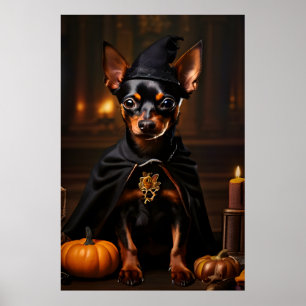 Miniatuur Pinscher hond in een Halloween-feest Poster