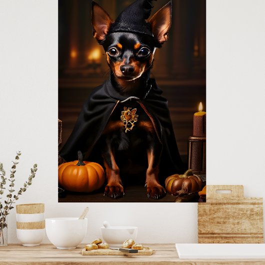 Miniatuur Pinscher hond in een Halloween-feest Poster (Keuken)