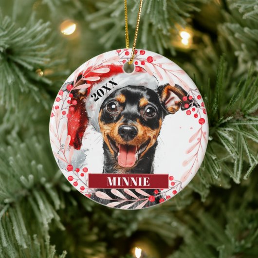 Miniatuur Pinscher in Kerstmannenhoed Kerst Orname Keramisch Ornament (Boom)