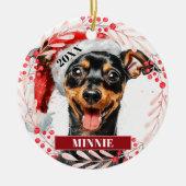 Miniatuur Pinscher in Kerstmannenhoed Kerst Orname Keramisch Ornament (Voorkant)