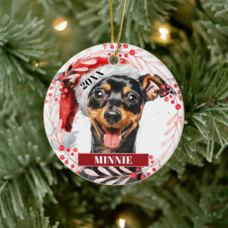 Miniatuur Pinscher in Kerstmannetjeshoed Kerstbal Keramisch Ornament