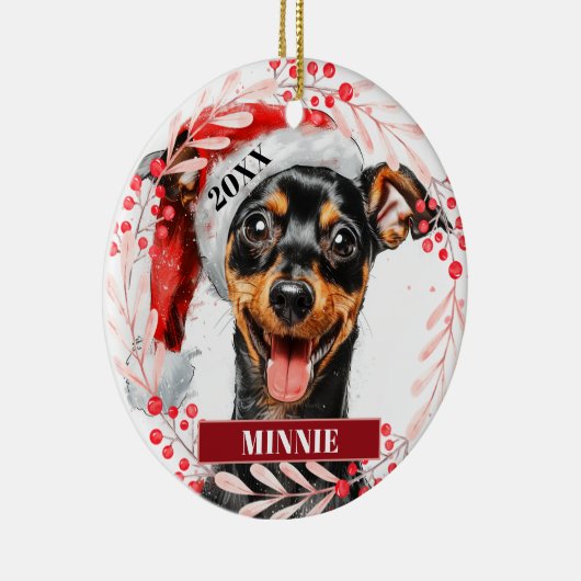 Miniatuur Pinscher in Santa Hat Kerstversiering Keramisch Ornament (Rechts)