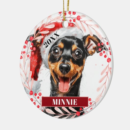 Miniatuur Pinscher in Santa Hat Kerstversiering Keramisch Ornament (Links)