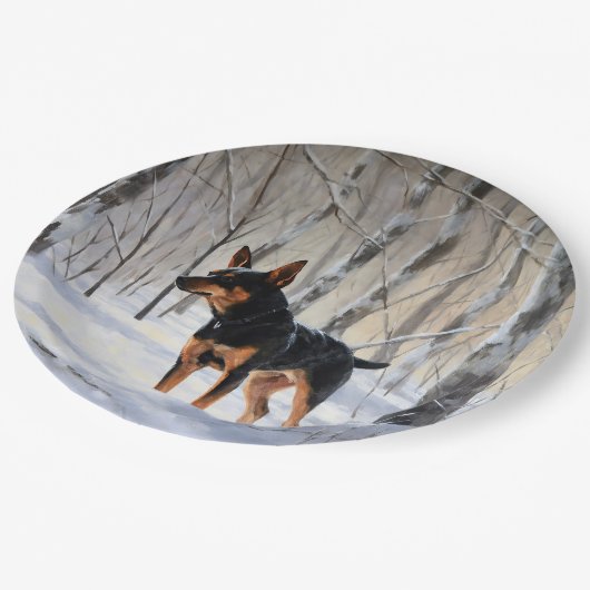 Miniatuur Pinscher Laat Het Sneeuw Kerstmis Papieren Bordje (Gekanteld)