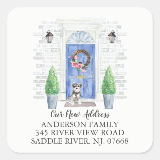 Miniatuur Schnauzer Blauwe Deur Nieuw Adreslabel Vierkante Sticker (Voorkant)