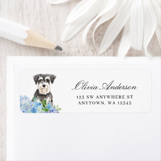 Miniatuur Schnauzer Blue Hydrangea Retouradres Etiket (Insitu)