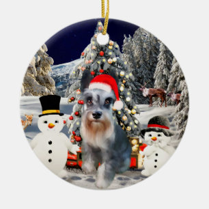 Miniatuur Schnauzer Dog In Sneeuw Kerst Pet Keramisch Ornament