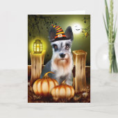 Miniatuur Schnauzer Dog met Witch Pet Halloween Kaart (Voorkant)