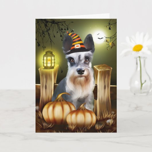 Miniatuur Schnauzer Dog met Witch Pet Halloween Kaart (Kleine Plant)