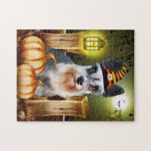 Miniatuur Schnauzer Dog met Witch Pet Halloween Legpuzzel (Horizontaal)
