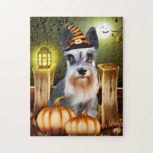 Miniatuur Schnauzer Dog met Witch Pet Halloween Legpuzzel