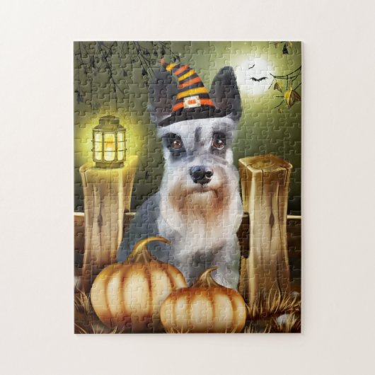 Miniatuur Schnauzer Dog met Witch Pet Halloween Legpuzzel (Verticaal)
