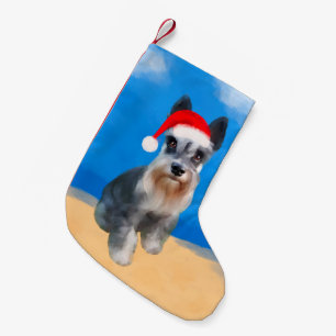 Miniatuur Schnauzer Dog Op Strand Kerst Pet Kleine Kerstsok