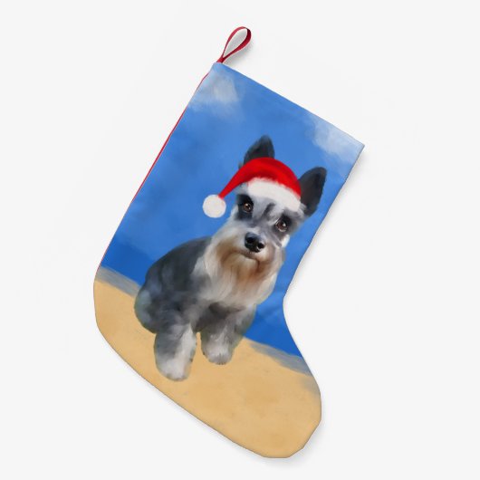 Miniatuur Schnauzer Dog Op Strand Kerst Pet Kleine Kerstsok (Voorkant (Hangend))