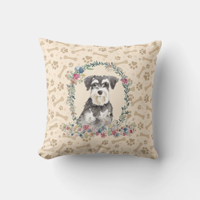 Miniatuur Schnauzer Dog Paw Print & Floral Cute Kussen (Voorkant)