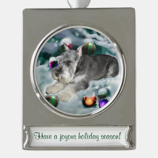 Miniatuur Schnauzer Gepersonaliseerde Kerstmis Verzilverd Banner Ornament (Voorkant)