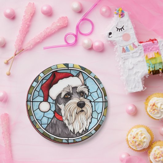Miniatuur Schnauzer Glas in lood Kerst Papieren Bordje (Feest)