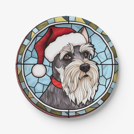 Miniatuur Schnauzer Glas in lood Kerst Papieren Bordje (Voorkant)