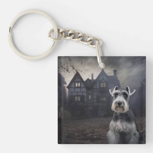 Miniatuur Schnauzer Halloween Scary Sleutelhanger (Voorkant)