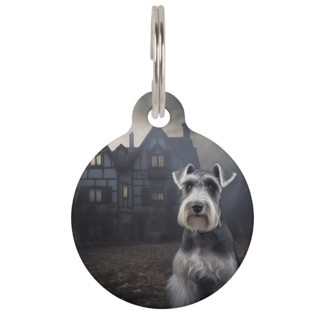 Miniatuur Schnauzer Halloween Verschrikkelijk Huisdierpenning (Voorkant)