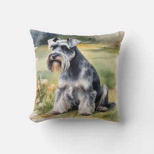 Miniatuur Schnauzer in de tuin - Waterverf Kussen