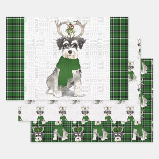 Miniatuur Schnauzer Kersthond en Green Pset Inpakpapier Vel (Set)