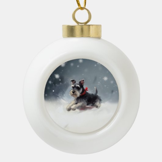 Miniatuur Schnauzer Kerstsneeuw winter Keramische Bal Ornament (Voorkant)