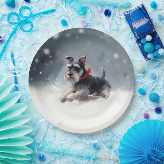Miniatuur Schnauzer Kerstsneeuw winter Papieren Bordje (Feest)