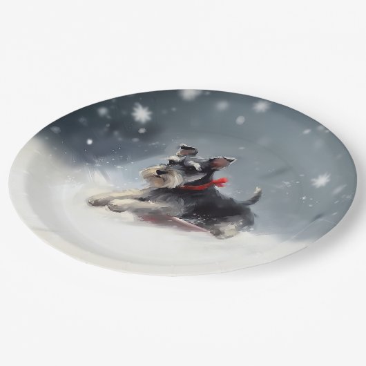 Miniatuur Schnauzer Kerstsneeuw winter Papieren Bordje (Gekanteld)