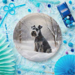 Miniatuur Schnauzer Laat Het Sneeuw Kerstmis Papieren Bordje