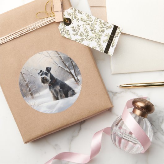Miniatuur Schnauzer Laat Het Sneeuw Kerstmis Ronde Sticker (Geschenken)