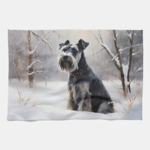 Miniatuur Schnauzer Laat Het Sneeuw Kerstmis Theedoek