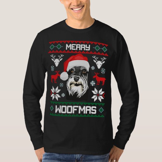 Miniatuur Schnauzer Merry Woofmas kerst T-shirt (Voorkant)